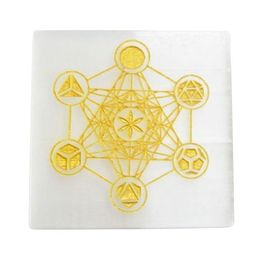 Selenite Plate with Carved Metatorn's Cube