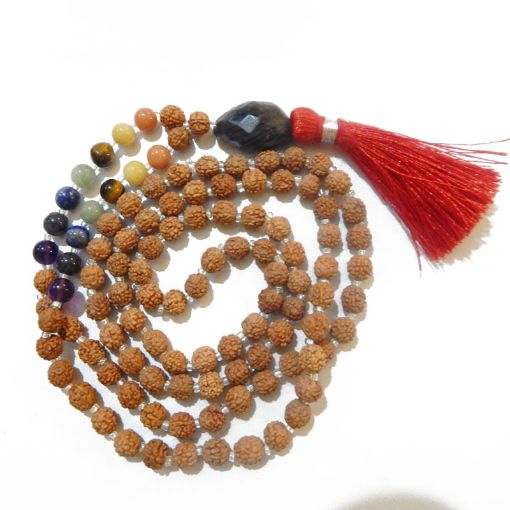 Rudraksha Mala with Amethyst Dark Faceted Tumble Pendant