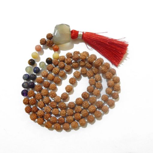 Rudraksha Mala with Grey Moonstone Faceted Tumble Pendant