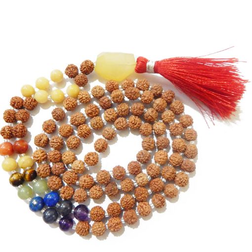 Rudraksha Mala with Yellow Aventurine Faceted Tumble Pendant