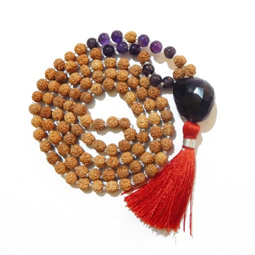 Rudraksha Mala with  Amethyst Dark Faceted Tumble Pendant