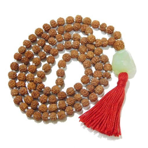 Rudraksha Mala with Aqua Onyx Faceted Tumble Pendant