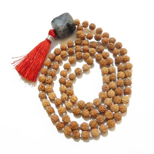 Rudraksha Mala with Black Rutile Faceted Tumble Pendant
