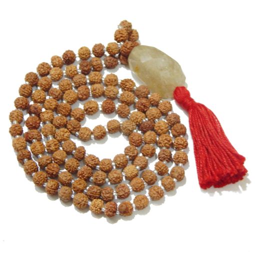 Rudraksha Mala with Golden Rutile Faceted Tumble Pendant