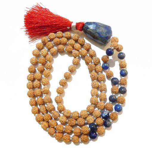 Rudraksha Mala with Lazuli Faceted Tumble Pendant