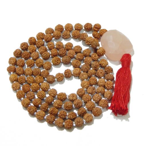 Rudraksha Mala with Rose Quartz Faceted Tumble Pendant