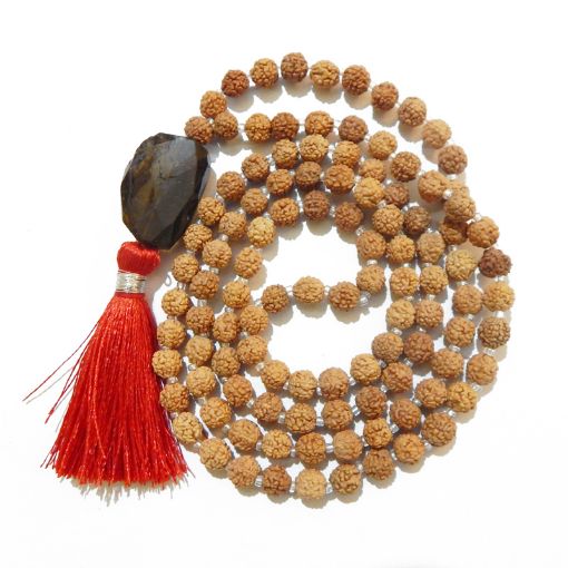 Rudraksha Mala with Smoky Quartz Faceted Tumble Pendant