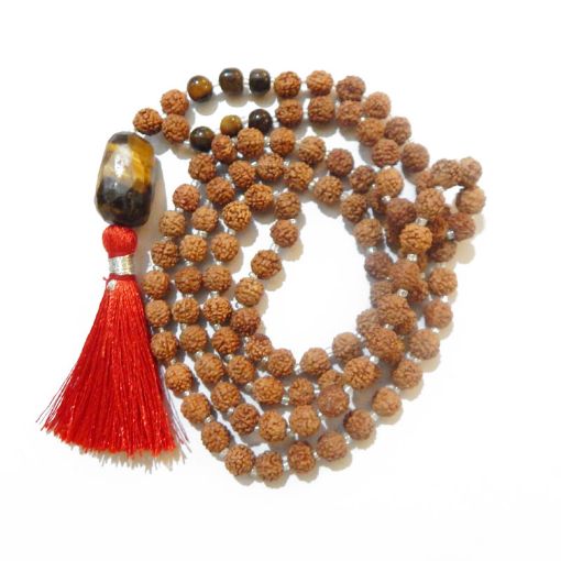 Rudraksha Mala with Tiger Eye Faceted Tumble Pendant