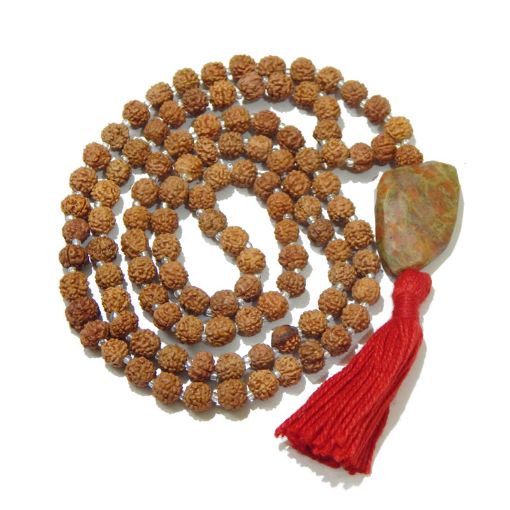 Rudraksha Mala with Unakite Faceted Tumble Pendant