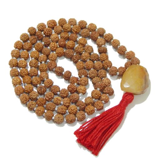 Rudraksha Mala with Yellow Aventurine Faceted Tumble Pendant